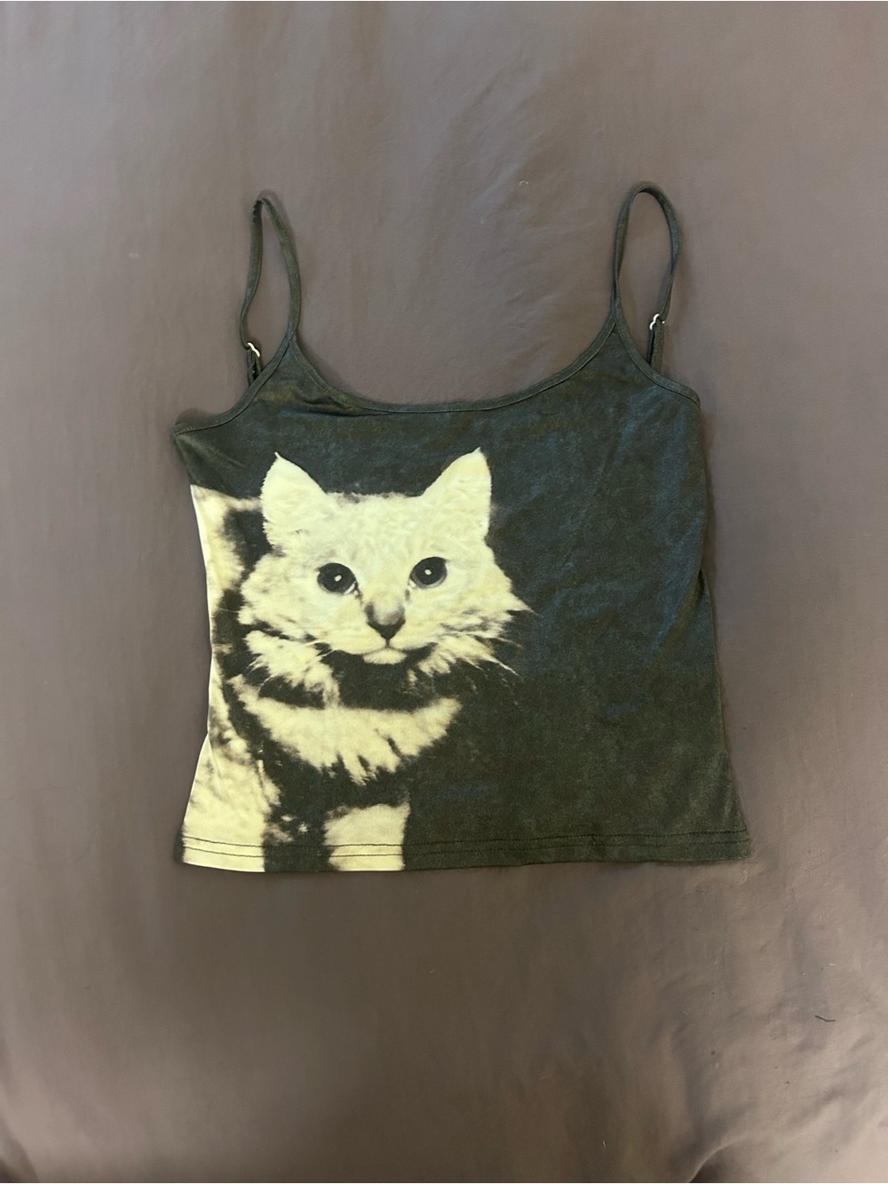 SOLD Cat Graphic Spaghetti Strap Tank Top - Gray/White